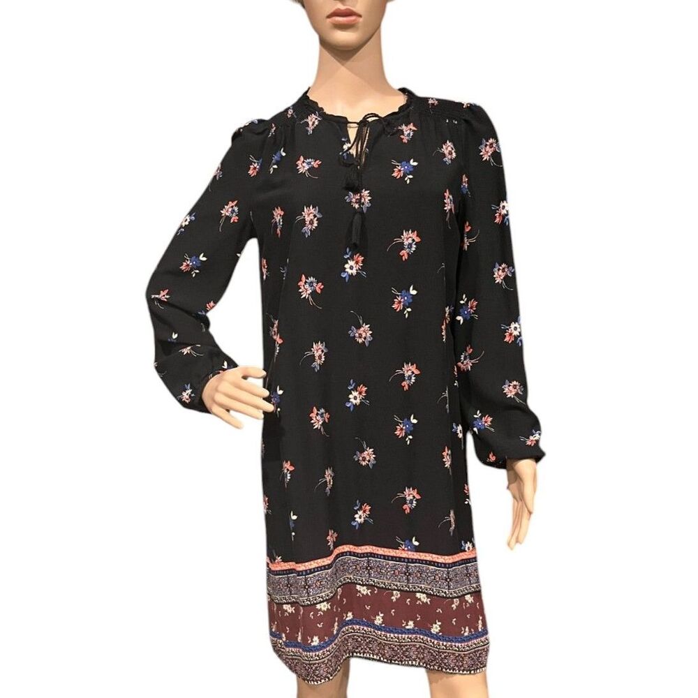 BEACH LUNCH LOUNGE Black Floral Midi Shift Dress Long Sleeve Sz S Petite